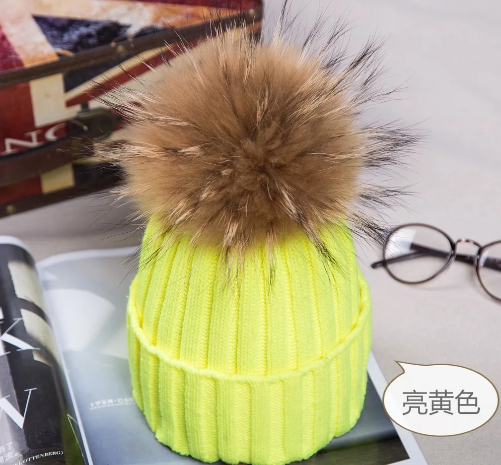 

Real Raccoon 18cm Fur Ball Autumn Winter Women New Solid Color Curled Knitted Big Pompon Hat Korean Wool Children Hat