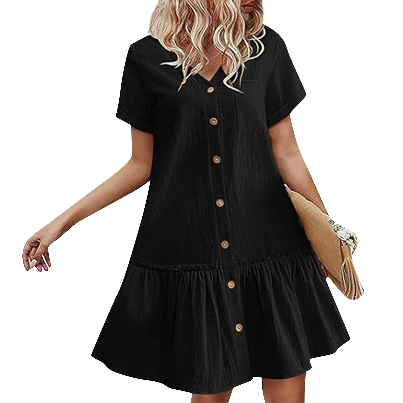 

Women's Casual Short Sleeved Solid Color V-neck Button Loose Fitting Dress With Ruffled Hem Street Style vestidos vintage mujer