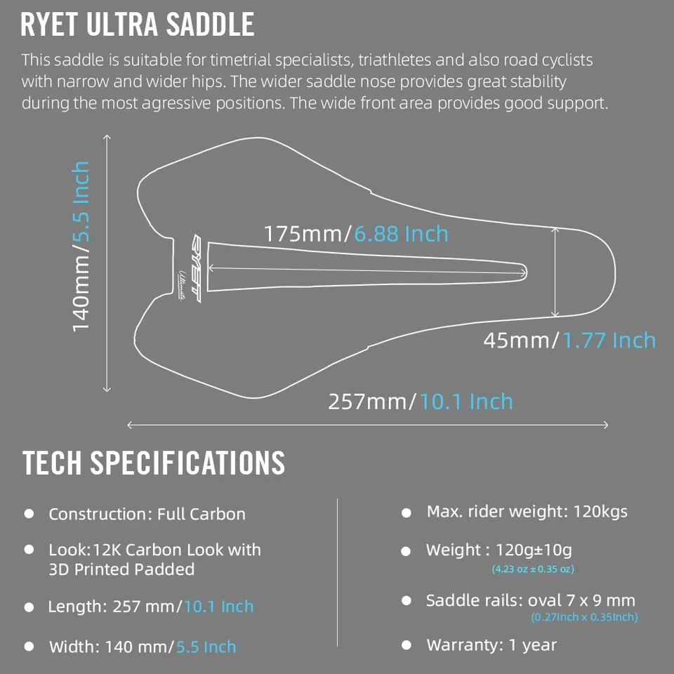 2024 RYET カーボン 3D プリント自転車サドル 120 グラム 257*140