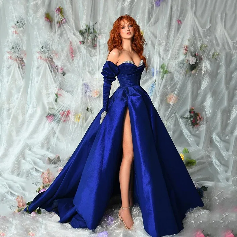 

Blue A-Line Evening Dresses Sweetheart Satin Prom Dress Crystal High Side Slit Saudi Arabia Party Gowns Custom Size YD