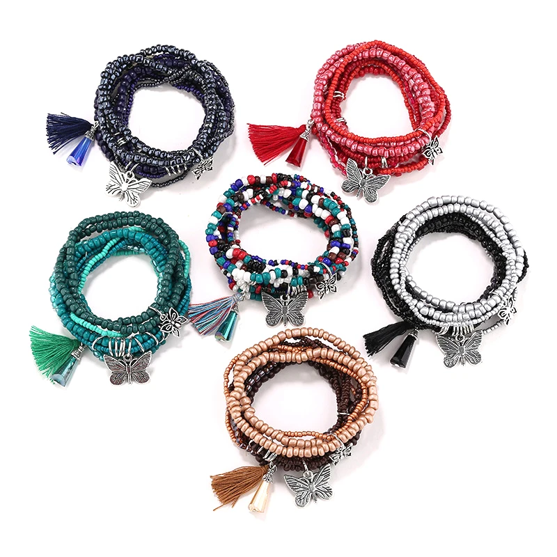 Bracelet jewelry Bohemia Evil Eye Tassel Charm Beads Bracelets Set Bangles For Women Multilayer Crystal Heart Life Tree Charm Wristband Gifts