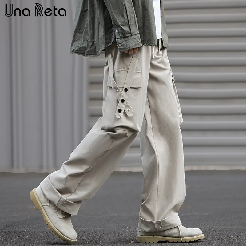 

Una Reta Man Cargo Pants Hip Hop Buckle Pants Men Harajuku Sweatpants Fashion Multi Pocket Elastic Waistline Couple Trousers