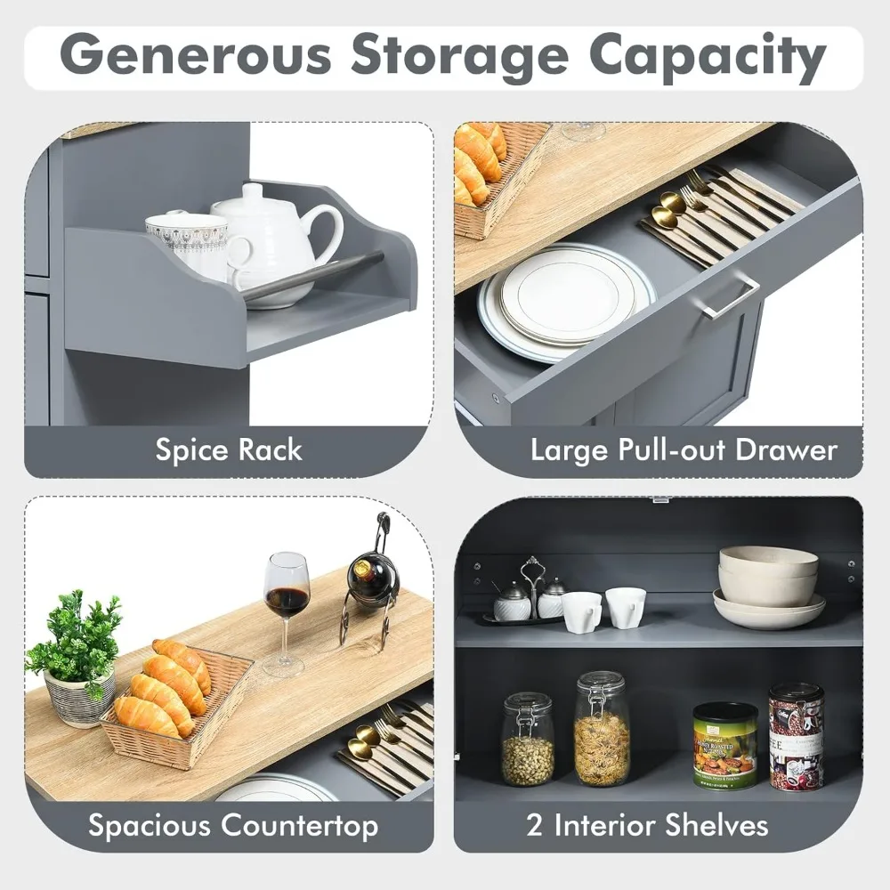 Kitchen Island Cart, Rolling Storage Trolley Cart with Lockable Rubber Wheels, Large Cabinet, Drawer, Spice Rack and Towel Rack