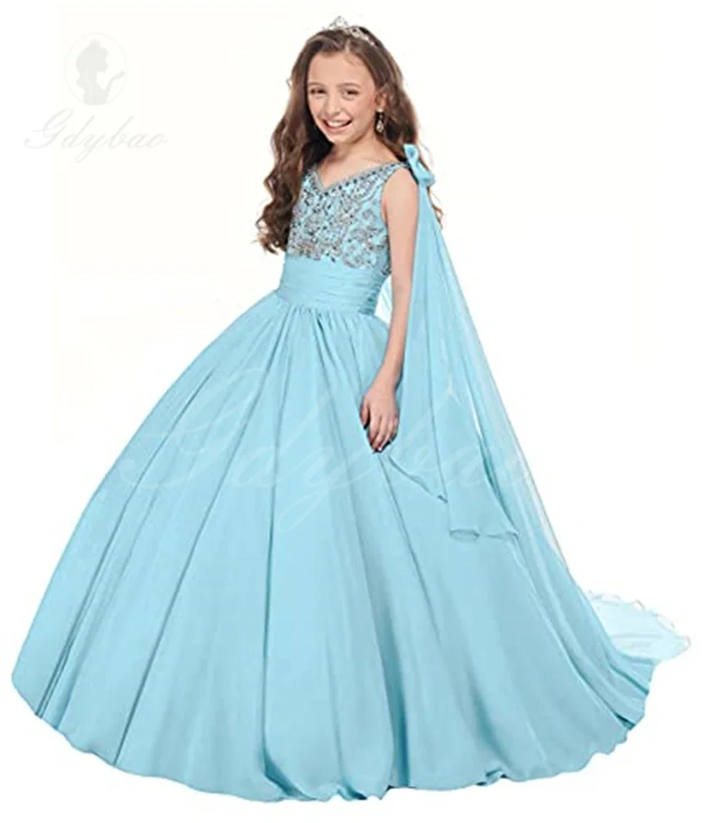 

Flower Girl Dress Girls V Neck Pageant Dress Chiffon Princess Birthday Party Dresses Formal Ball Gowns with Flowy Cape