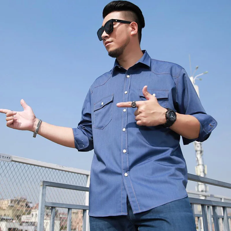 Autumn Spring Men denim Shirt long Sleeve 10XL 11XL 12XL Large Size oversize fat cow boy Shirt pockets 60