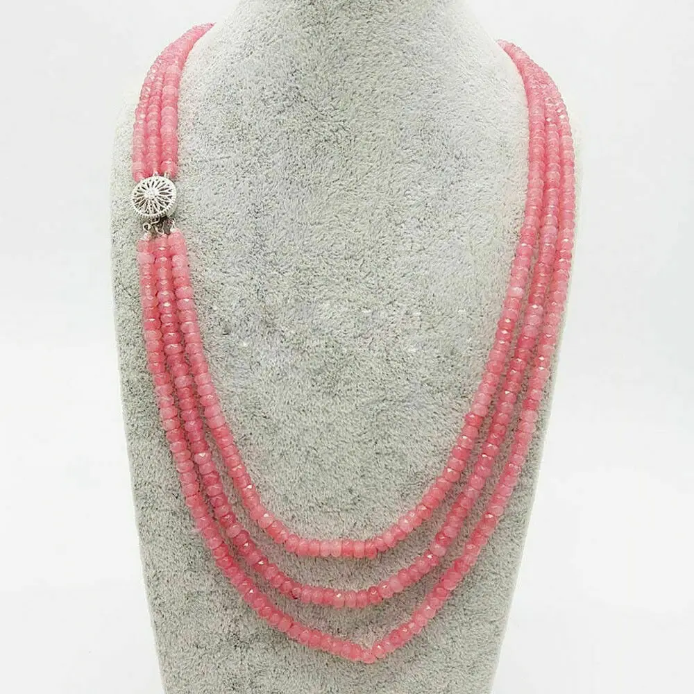 3 Rows Faceted 2x4mm Natural Pink Rhodochrosite Gemstone Beads Necklace 18-20