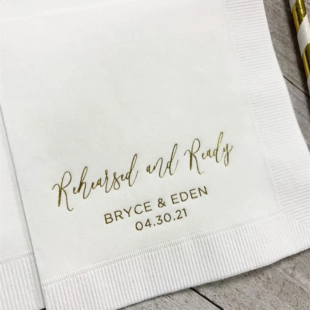 

Personalized Rehearsal Napkins Custom Printed Rehearsed & Ready Beverage Cocktail Luncheon Dinner Guest Towel Napkins Imprinted