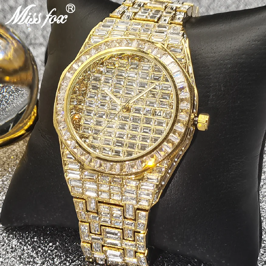 

Hot Sell Men Watches New Luxury Hip Hop Full Baguette Moissanite Wristwatch Gold Bling Waterproof AAA Clocks Relogio Masculino