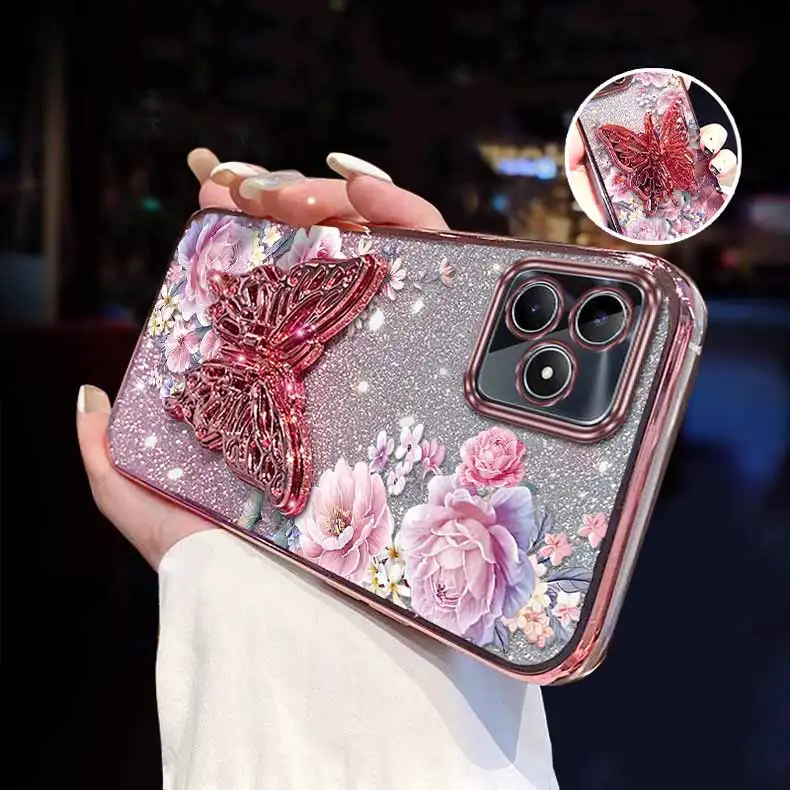 Elegant Pink Peonies Plating Bracelet Holder Phone Case Cover