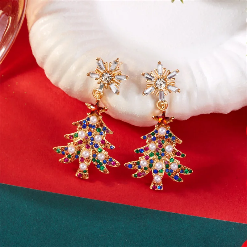 Licht Luxus Bunte Zirkon Weihnachten Glocken Ohrringe für Frauen Elegante Grüne Baum Schneeflocke Tropfen Ohrringe Neue Jahr Schmuck Geschenk