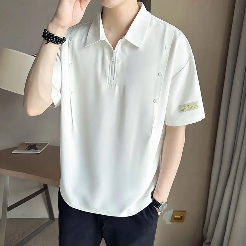 

Elegant Fashion Harajuku Slim Fit Ropa Hombre Loose Casual Sport All Match Outerwear Solid Button POLO Shirt Middle Sleeve Tees