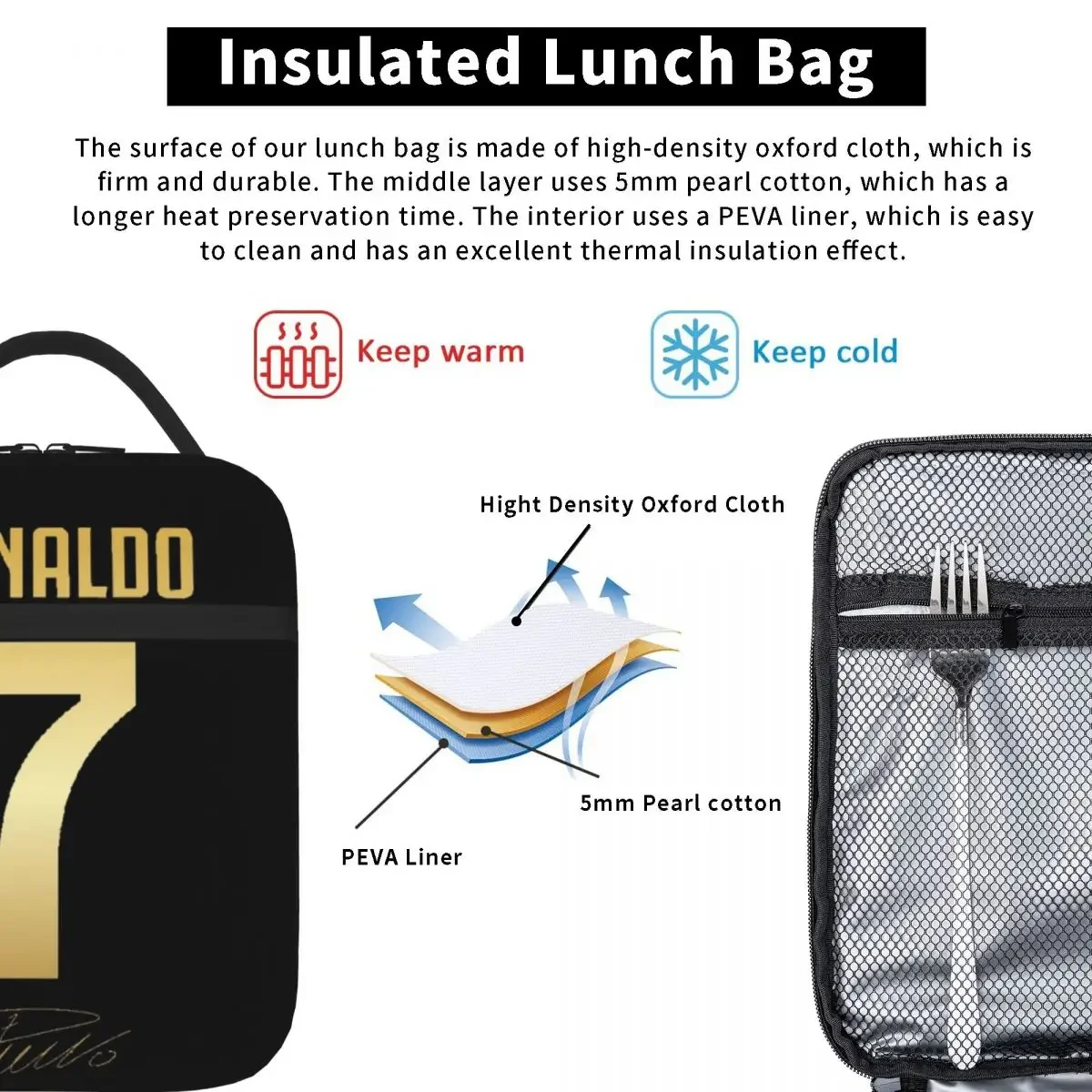 CR7 Cristiano Ronaldo Lunch Bags Insulated Lunch Tote Waterproof Bento Box Resuable Picnic Bags Large Capacity Thermal Bag