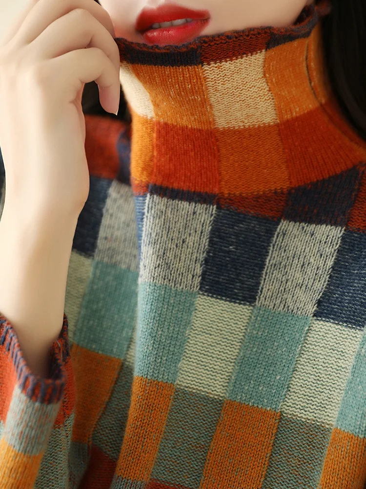 S femmes col roulé magnifique coloré vérifier tricots pulls mode vêtements pour femmes pulls automne hiver nouveau_voghion.com