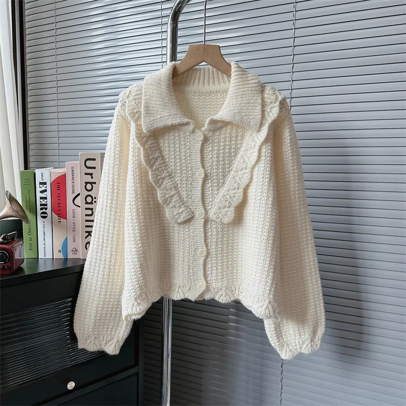 

Korean sweet crocheted knit cardigan autumn Joker rufflec patchwork sweater woman jackets white jumpers