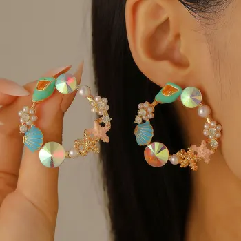 925 Silver Needle Korean Fashion Shell Starfish Pearl Crystal Earrings For Women Jewelry 2025 Trending Flower Wreath Earrings