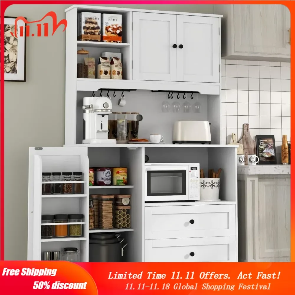 Kitchen Pantry Storage Cabinet,Modern Freestanding Buffet Cabinet with Wine Glass Holder,Food Pantry Cabinet with Doors