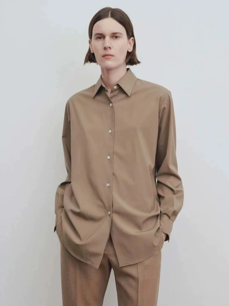 

2024 Women Early Spring Retro Dark Khaki Brown Long Sleeve Cotton Shirt