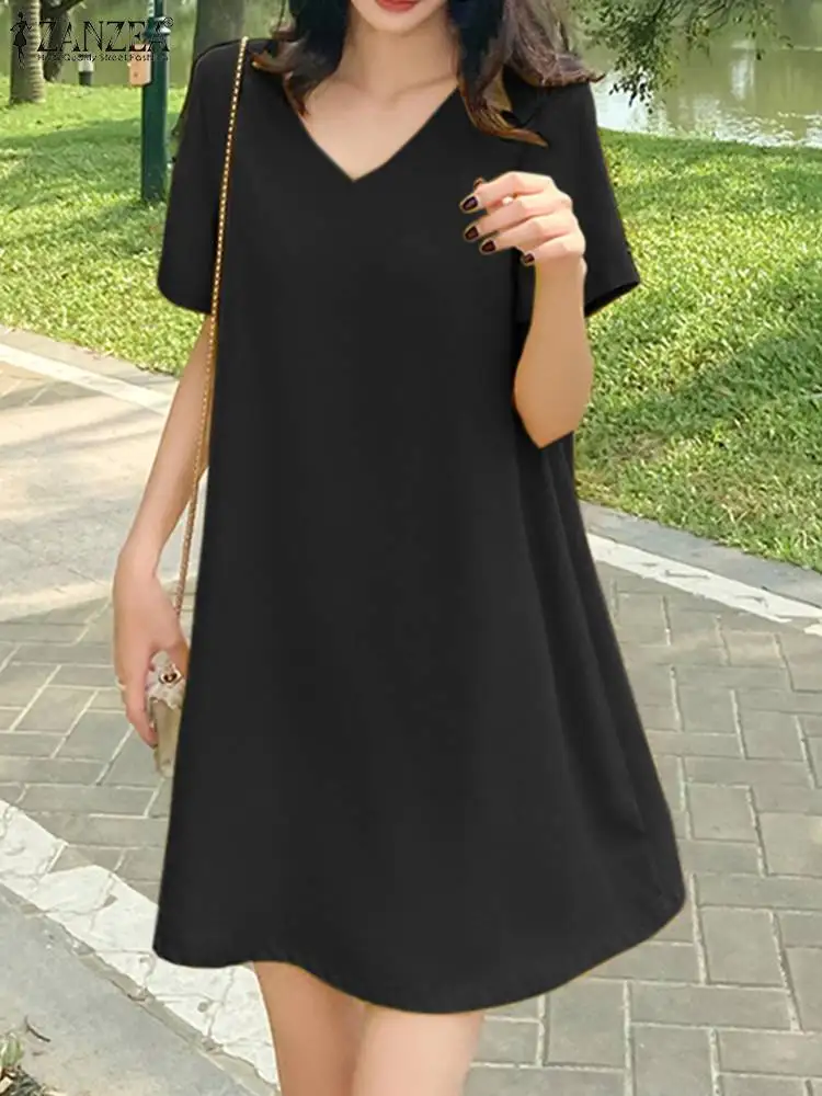 

ZANZEA Women Elegant V Neck Solid Loose Knee-length Sundress Stylish Summer Short Sleeve Casual Holiday Dress Robe Femme Vestido