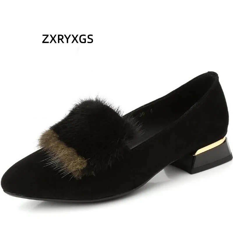 

High Quality Frosted Sheepskin Pointed Mink Fur Decoration Women Fashion Shoes Low Heel Shoe 2022 Large Size Leather Shoes Black