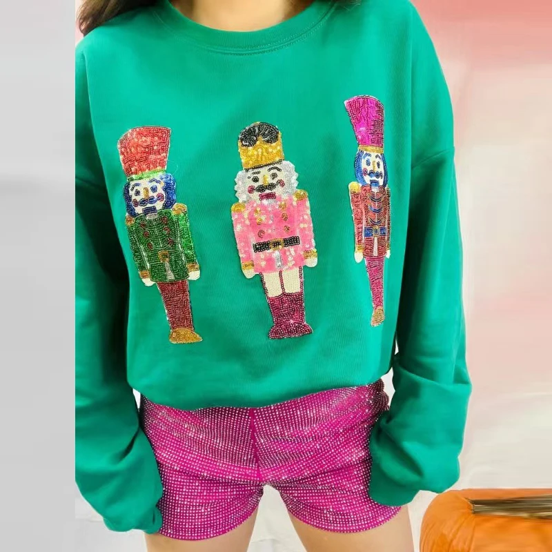 

Autumn Winter Patchwork Sequins Cartoon King Pattern Sweatshirt Women Casual Fashion Pullovers Simple O-Neck Long Sleeve Hoodies