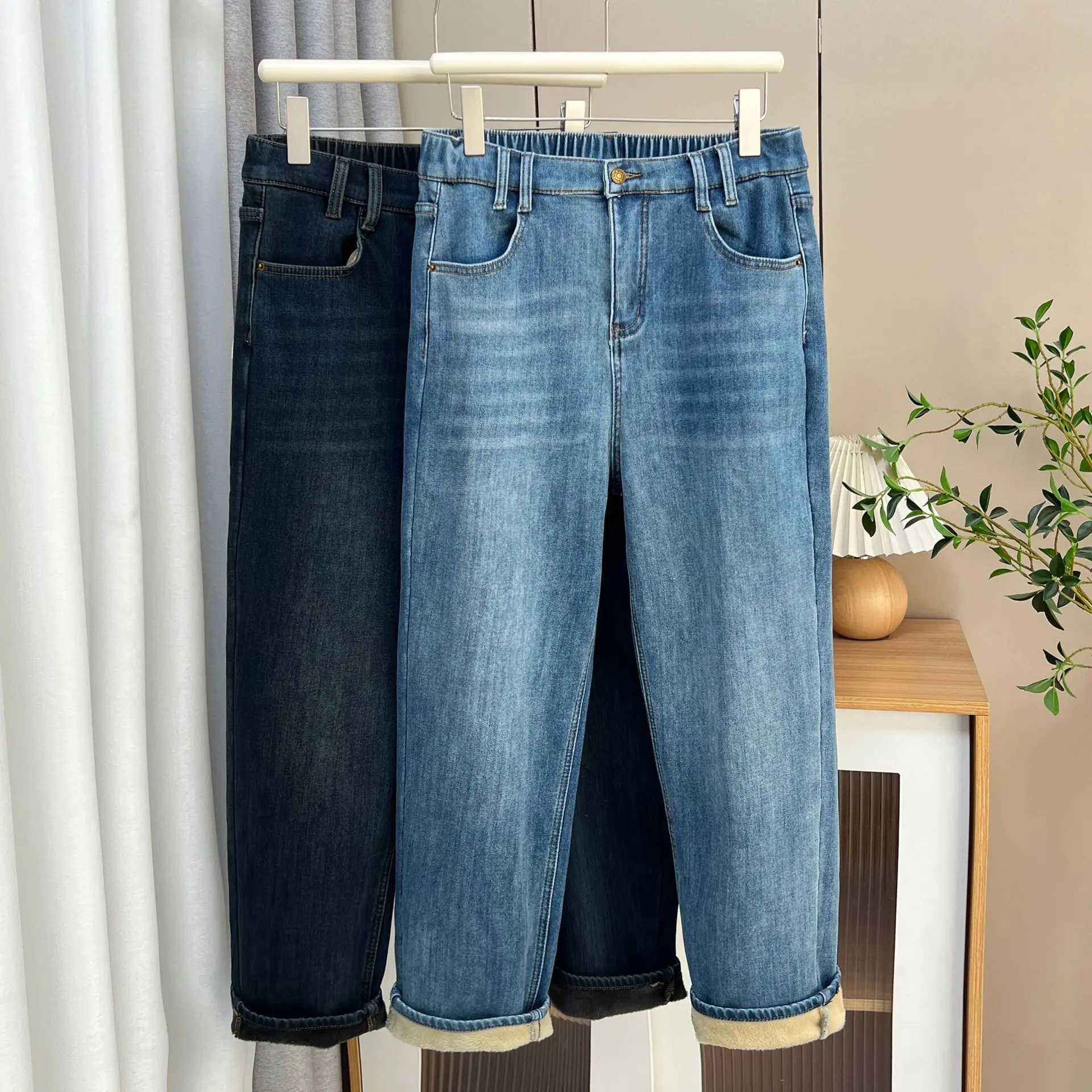 XXXXL Fashion Plus Size Women's Jeans Winter New Style Simple Fleece Warm High Waisted Denim Ankle-Length Harem Pants 6555