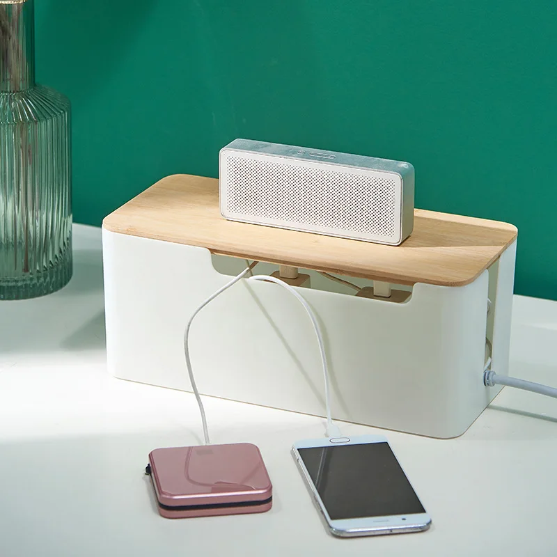 

Bamboo Cover Wire Power Line Storage Box Dustproof Charger Socket Organizer Home Cable Winder Anti-Dust Power Rectangle Case