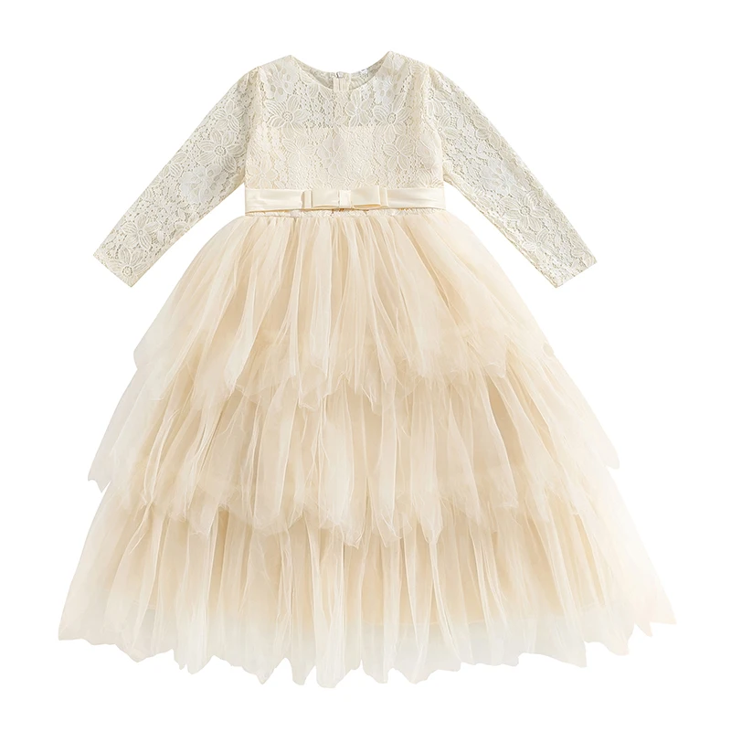 

3-8Y Kid Girl Princess Ball Dress, Lace Flower Tulle Patchwork Long Sleeve Round Neck A-Line Princess Cake Dress