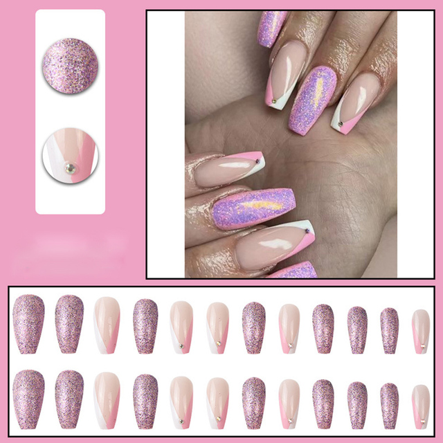 Coffin French Nail Crystal AB Shine Decorative False Nails Long Ballerina Rhinestones Press On Artificial False Nail Tip