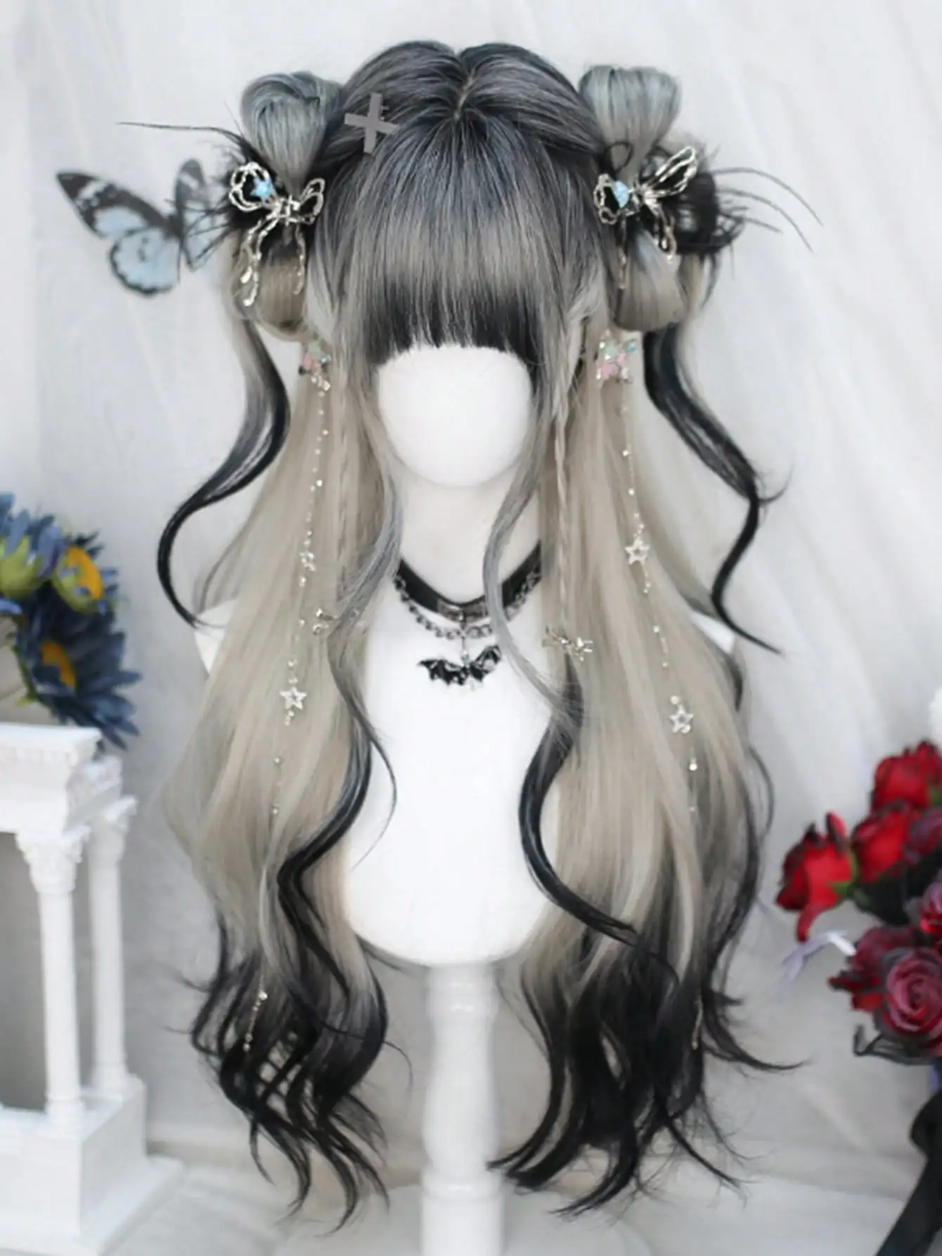 Synthetic Black Gray Ombre Cosplay Wig For Women