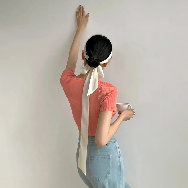 5x190cm Frauen Satin Seide Schmaler Schal Halstuch Einfarbig Halstücher Langer Seidenschal DIY Tasche Band Kopf Hals Haarband – Detail 6