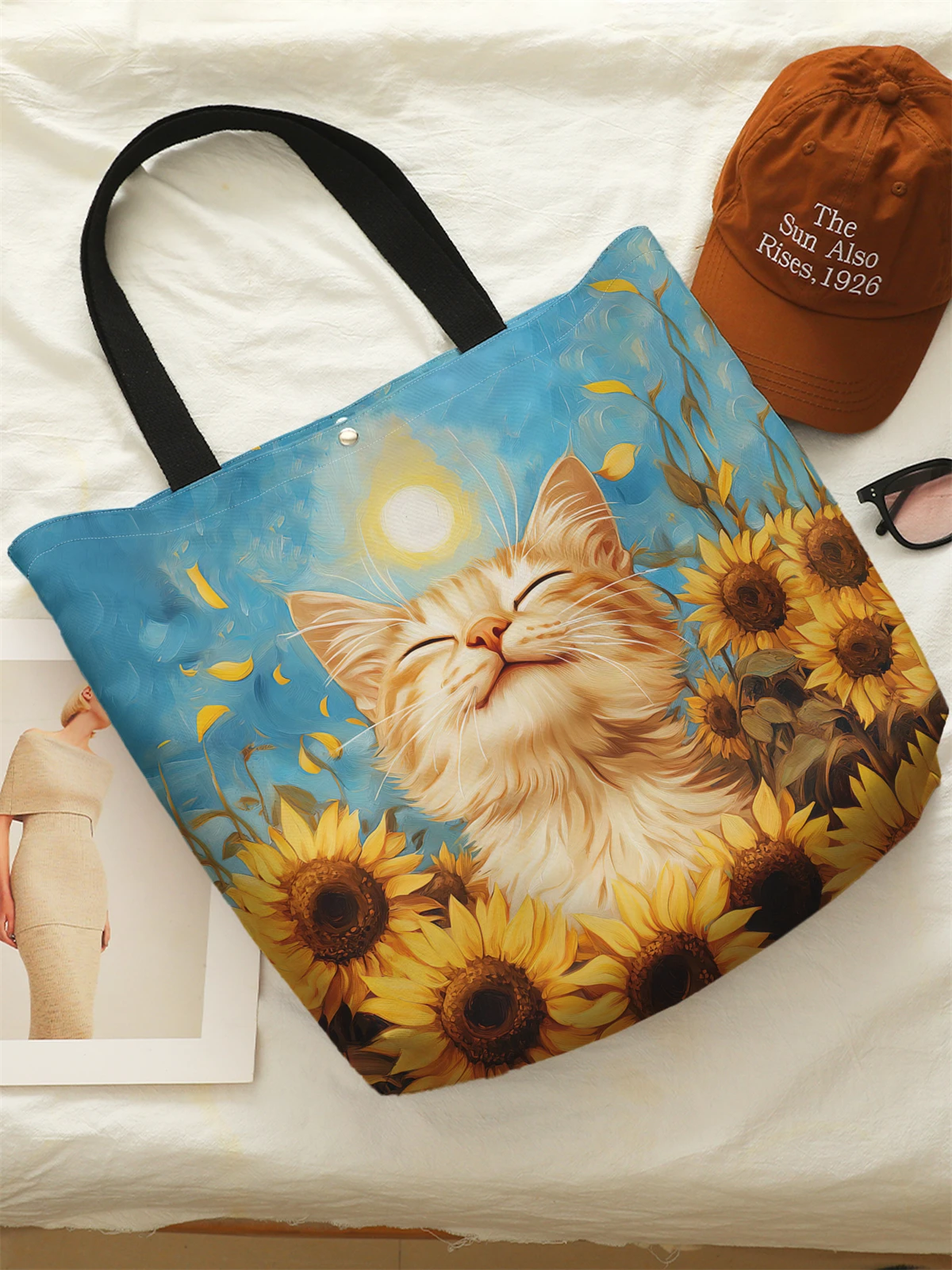 1pc，Cute cat pattern handbag, reusable fashionable handbag, multifunctional handbag, printed canvas shopping bag