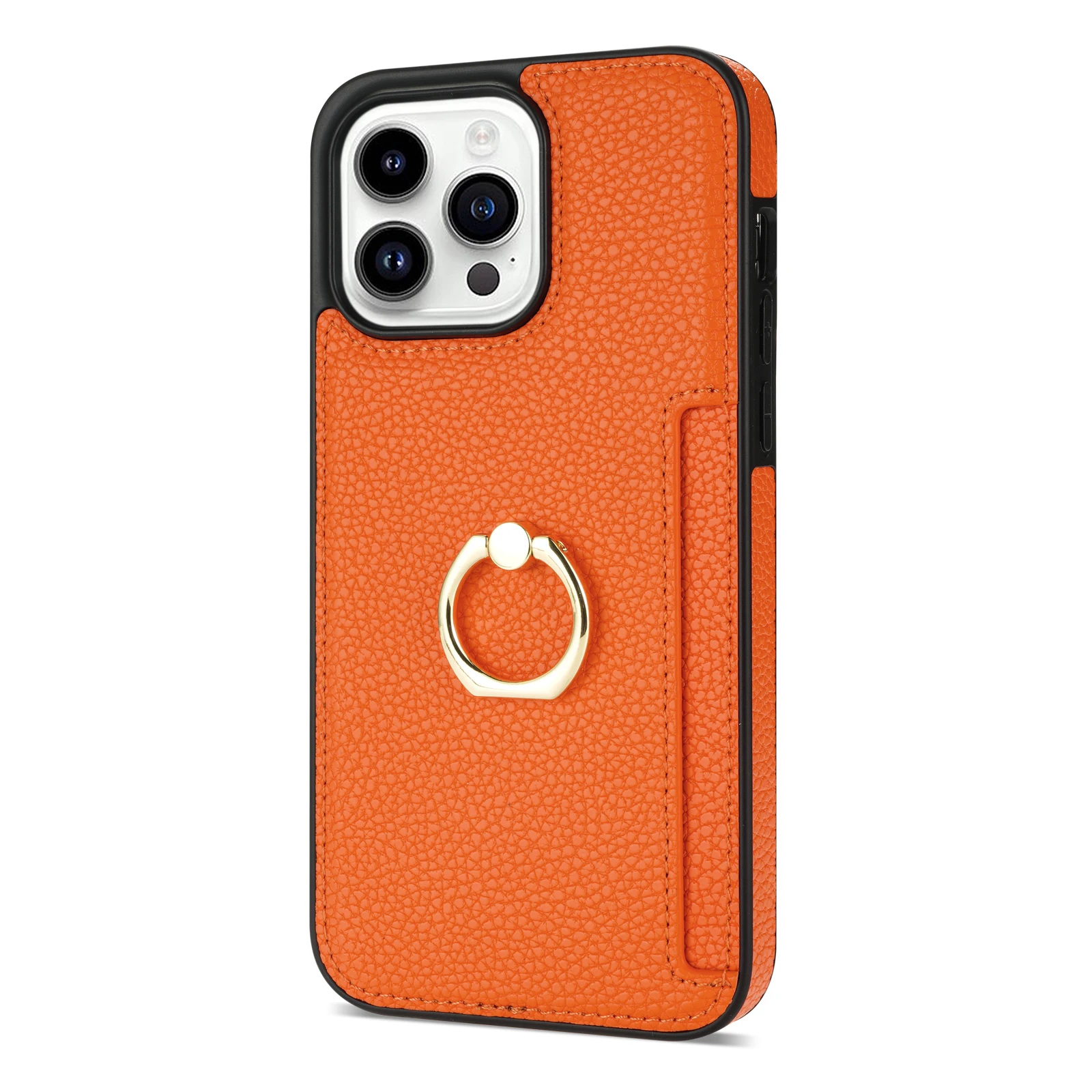 Luxurious Leather Wallet Phone Case with Ring Holder and Card Slot - Litchi Stand Cover