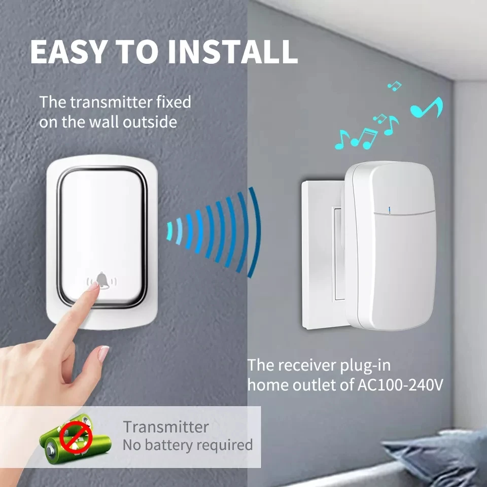 Wireless Doorbell 38 Ringtones High Volume Self Generating Electric Kinetic Doorbell Household Wireless Outdoor Waterproof