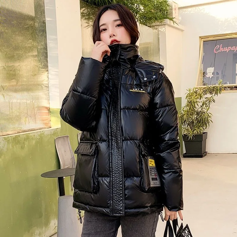 

2023 New Women Padded Winter Jacket Female Bright Face No Wash Parkas Loose Hooded Outwear Shortie Leisure Time Overcoat