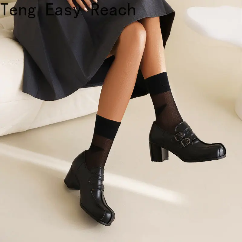 Women's Vintage Chunky Heel Square Toe Mary Jane Shoes Ankle Cross-strap Ladies Mary Janes Shoes Large Size 32-48 Chunky Heels