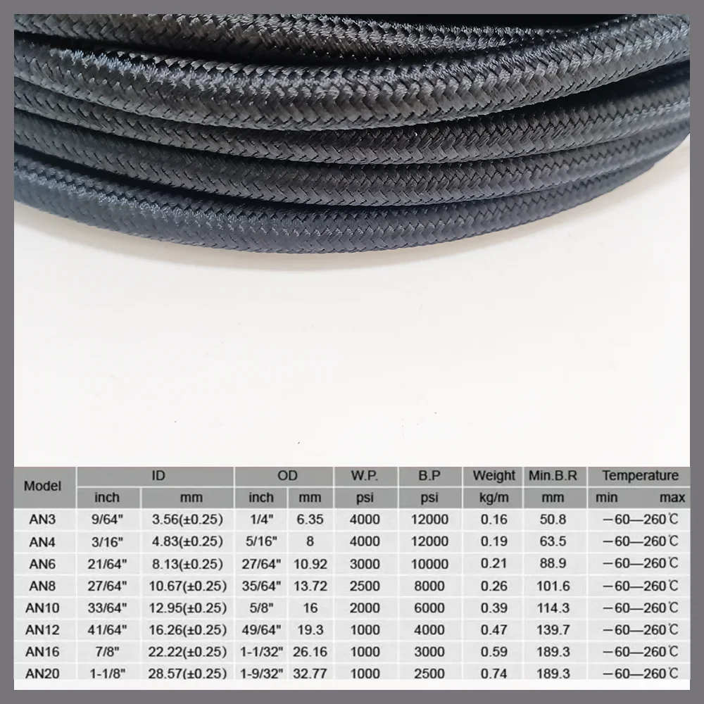 1M AN4-AN20 PTFE Hose Nylon Braided PTFE Pipe Car E85 Fuel Hose Oil Gas Cooler Line Turbo Pipe Brake Tubing Black