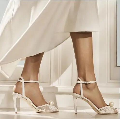 Summer Women's Sacora 85 mm Thin High Heel Lace Leather Sandals Female Peep  Toe White Pearl Ankle Strap Bride Wedding Shoes - AliExpress