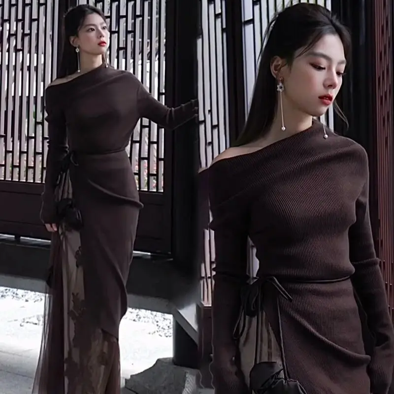 

Long Knit Sweater with High Slit, Sweet and Fresh, One Shoulder, New Chinese Embroidered Mermaid Skirt Set