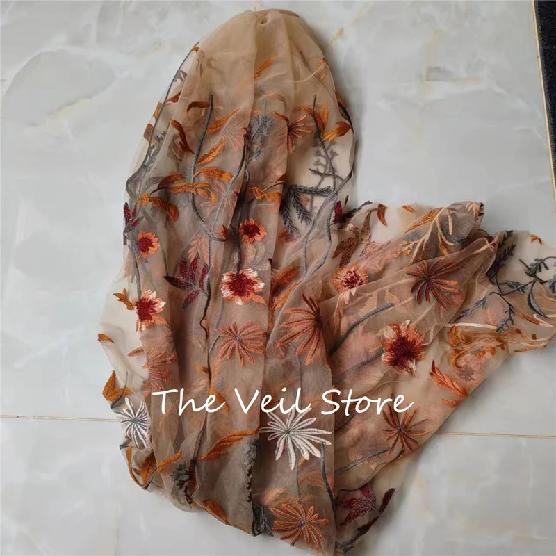Brown Autumn Leaves Forest Wedding Bridal Veils With Comb Fingertip Floral Flowers Embroidered Luxury Soft Tulle For Brides