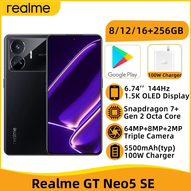 

realme GT Neo 5 SE Snapdragon 7+ Gen 2 Octa Core 6.74'' 144Hz OLED Display 64MP Camera 100W Charger 5500mAh Battery