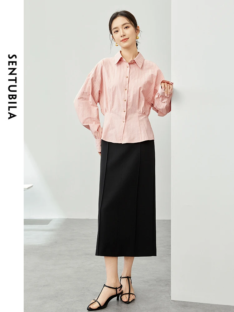Sentubila Sweet Striped Polo Collar Shirt 2024 Spring French Style Elegant Button Up Long Sleeve Shirts & Blouses Top 141C53131