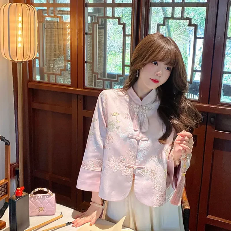 Sweet Vintage Stand Collar Floral Embroidery Tassel Long Sleeve Tang Suit Jacket Women Chinese Elegant Blue Slim Shirt