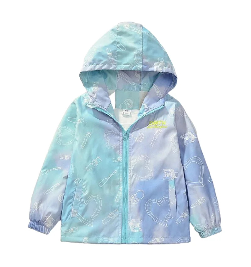 Spring Summer Girls Waterproof Contrast Tie Dye Hooded Lined Zip Hiking Jackets School Kids Outfit Tops Child Track Coat 3-14Yr