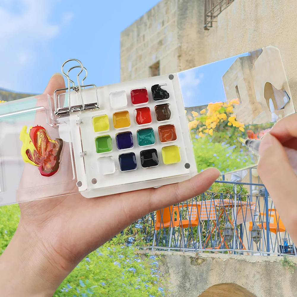 Mini Portable Watercolor Palette Set Watercolor Sketch Book with Binder Clip Portable Sketchbook Palette Set Brush