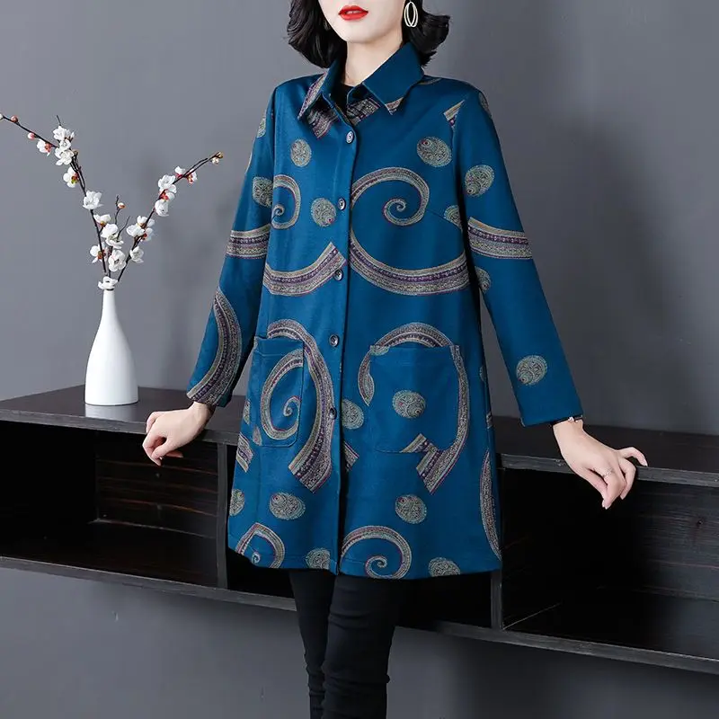 Women's Polo Neck Trench Spring and Autumn Midi Fashion 2023 New Middle-aged Trendy Printed Long Sleeved Pockets Cardigan Coat