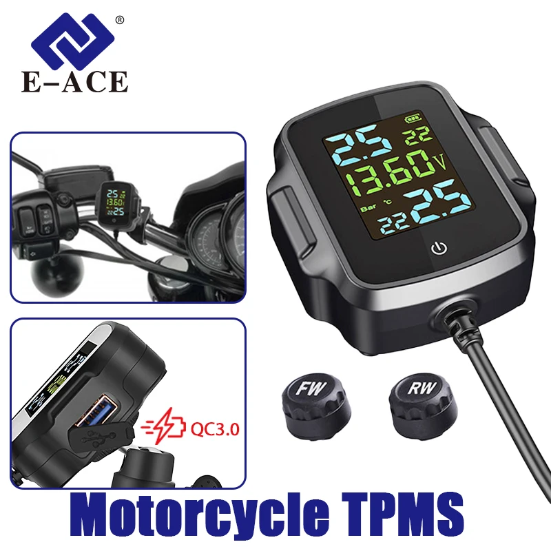 E-ACE Digital Display Motorcycle Tire Pressure Monitor System TPMS Tire Pressure Monitor USB Output With QC 3.0 Fast Charging