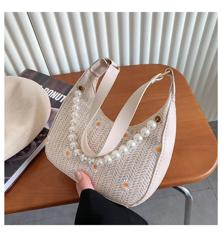 Fashion Flower Embroidery Straw Shoulder Messenger Bags Women\'s Pearl Design Woven Bag New Summer Beach Straw Bag Female Handbag