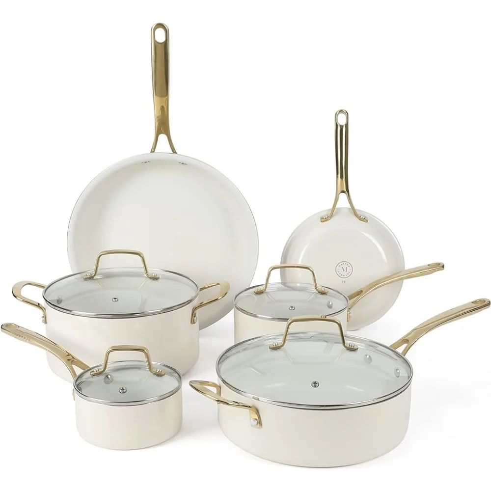 

Martha Stewart Lockton Premium Non-Stick PFA Ceramic Interior, 10 Piece Large Format Enamelled Aluminium Pan, Pan Set, White