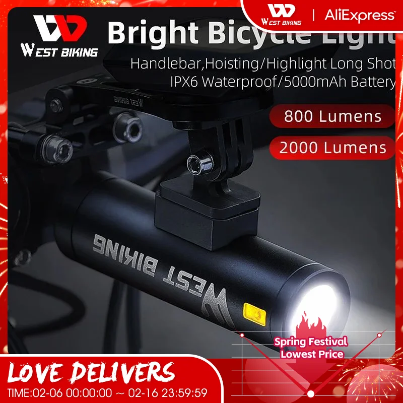 

WEST BIKING 2000 Lumen Bicycle Headlight IPX6 Waterproof Type-C Charging Bike Front Light MTB Road Bike Light Cycling Flashlight