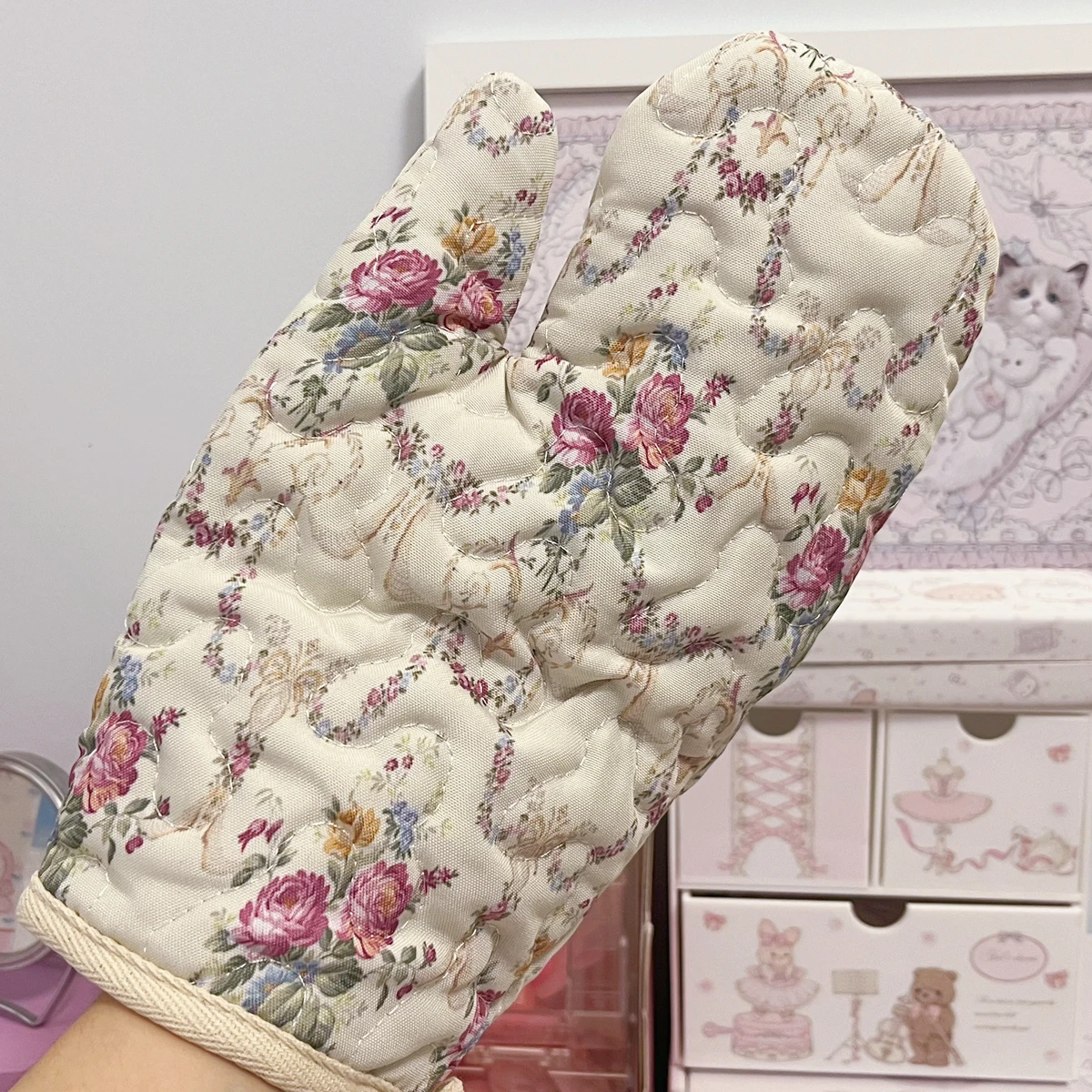 Cotton Hemp Fragmented flowers Microwave Gloves Mat Kitchen Baking Gloves Insulation Set